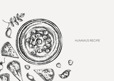 Hummus background. Mediterranean food, ingredients, plants, pita sketches. Vegan food illustration. Hand-drawn hummus in plate, pita, and chickpeas for menu, recipe, or packaging design. 